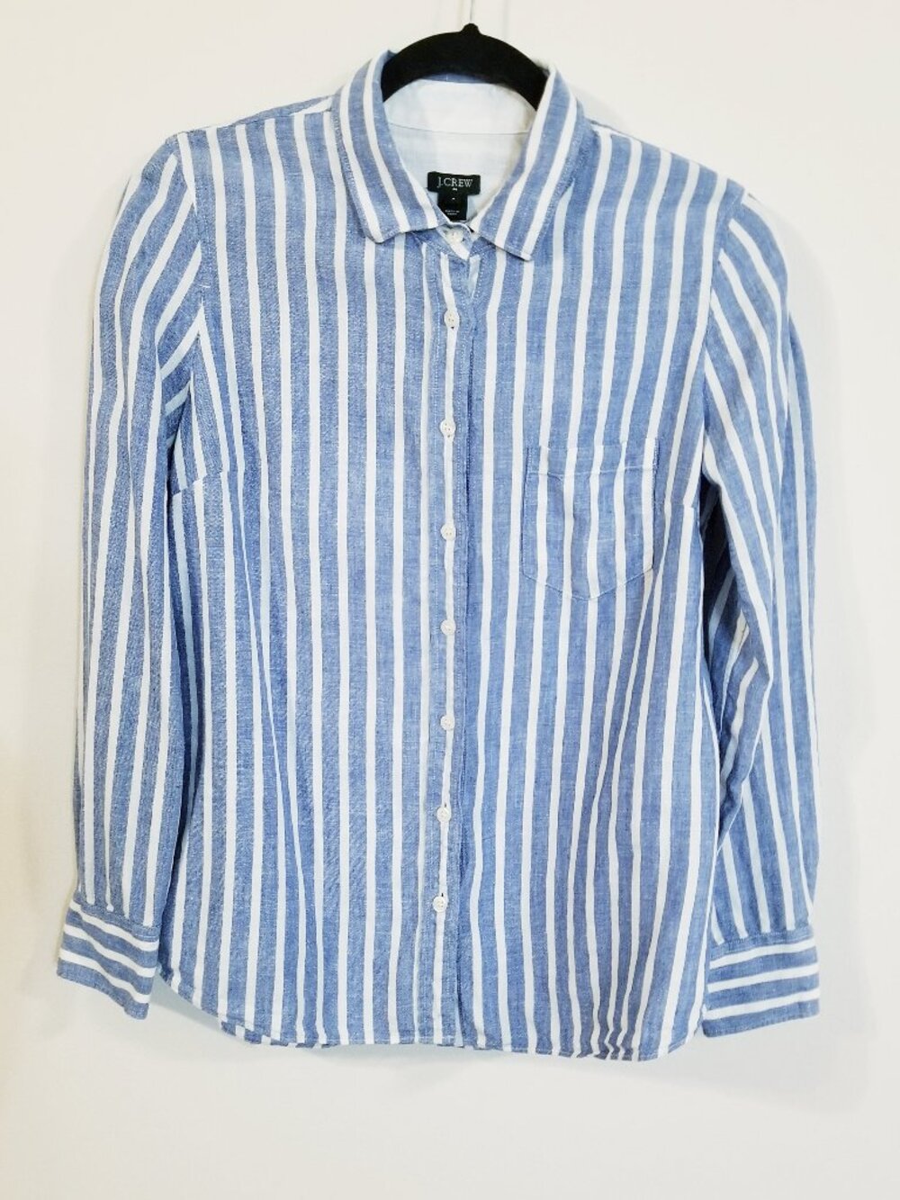 J. Crew Factory Women’s 100% Linen Blue White Stripe Button Down - Small